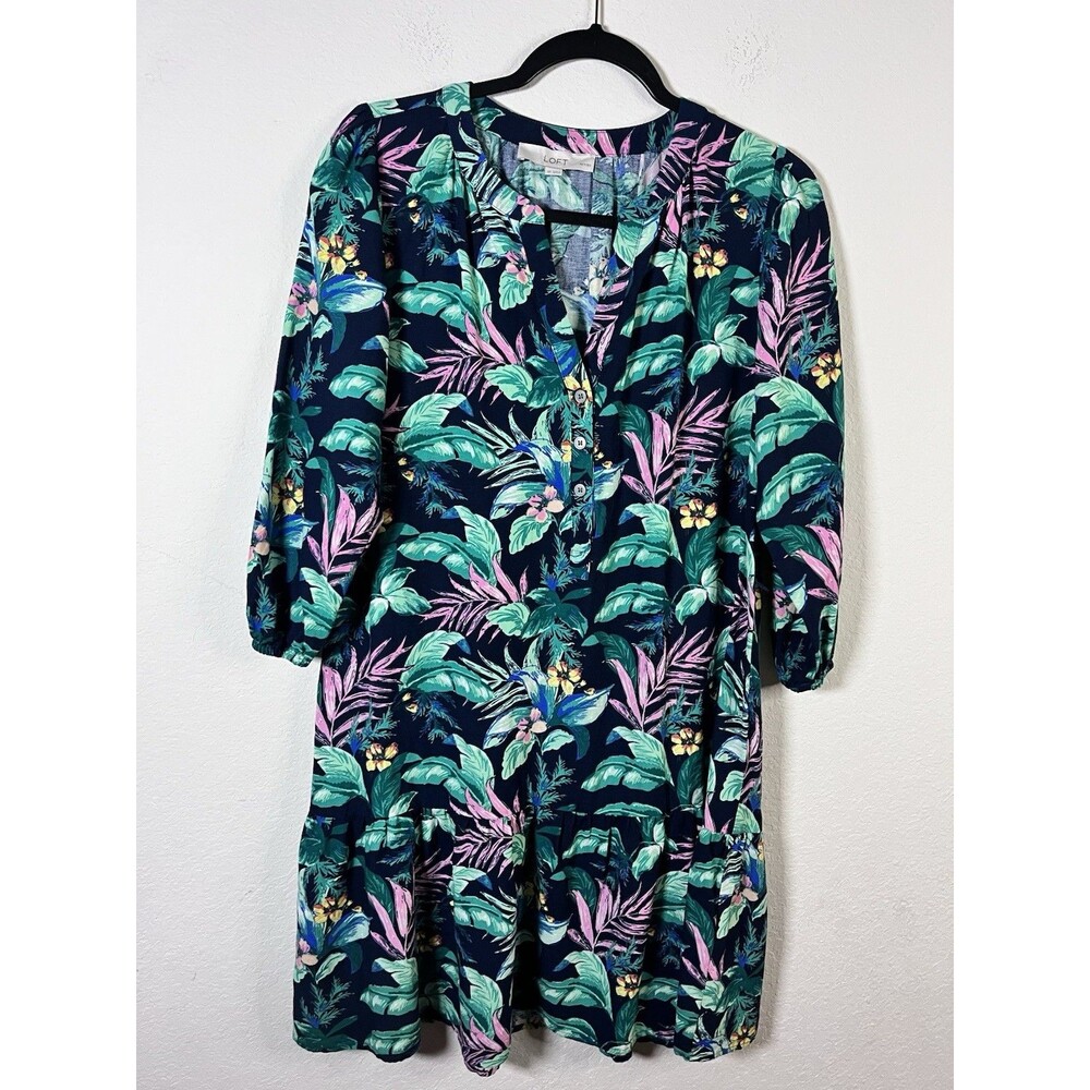 Loft Tropical Palm Print Flounce Linen Blend Henley Dress Size Small Petite